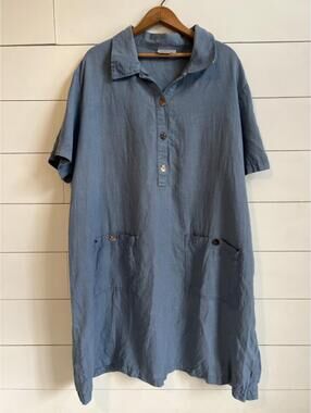 Match Coastal 100% Linen Shirt Dress Short Sleeve Women's size 20 Blue Lagenlook
